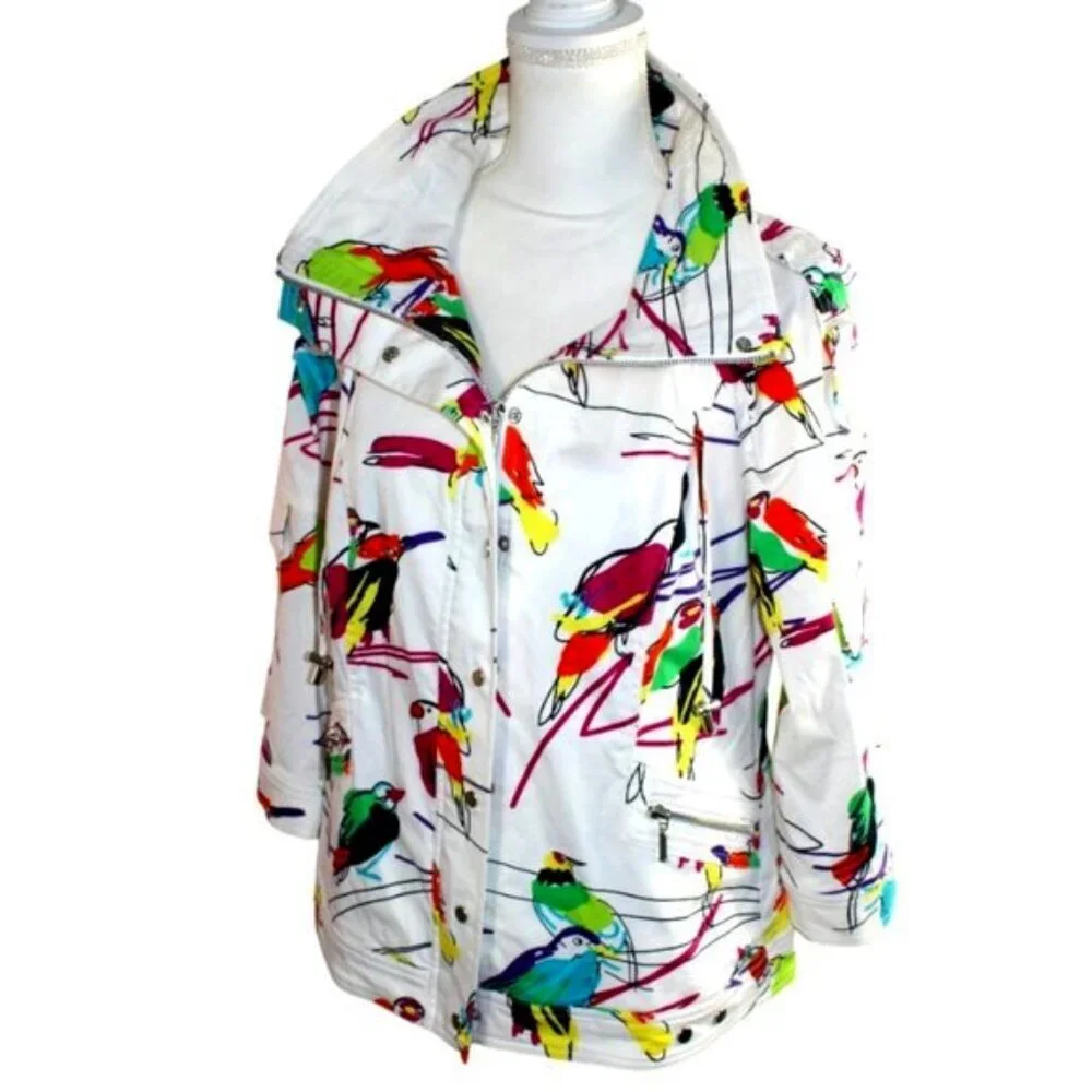 Berek White Multi Abstract Tropical Bird Cotton Jacket Size Large